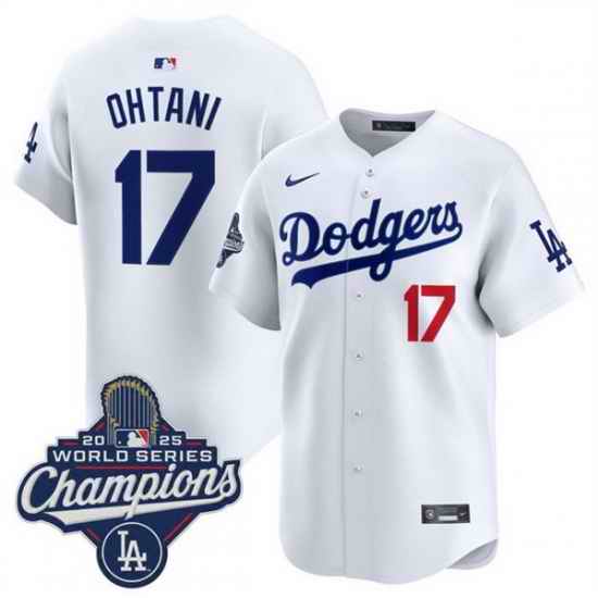 Men Los Angeles Dodgers 17 Shohei Ohtani White 2025 World Series Champions Patch Home Limited Stitched Baseball Jersey