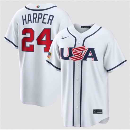Men USA Baseball  24 Bryce Harper White 2026 World Baseball Classic Home Stadium Stitched Jersey