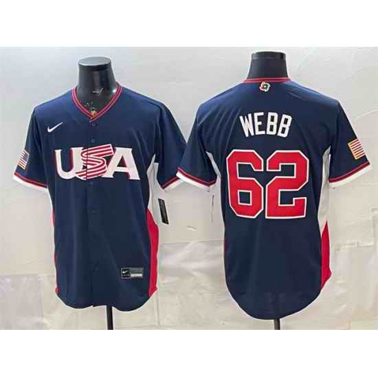 Men USA Baseball  62 Logan Webb Navy 2026 World Baseball Classic Road Stadium Stitched Jersey