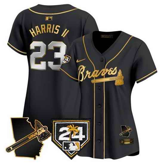Women Atlanta Braves 23 Michael Harris II Black Gold 2024 Spring Training 26 Georgia Patch Vapor Limited Stitched Baseball Jersey