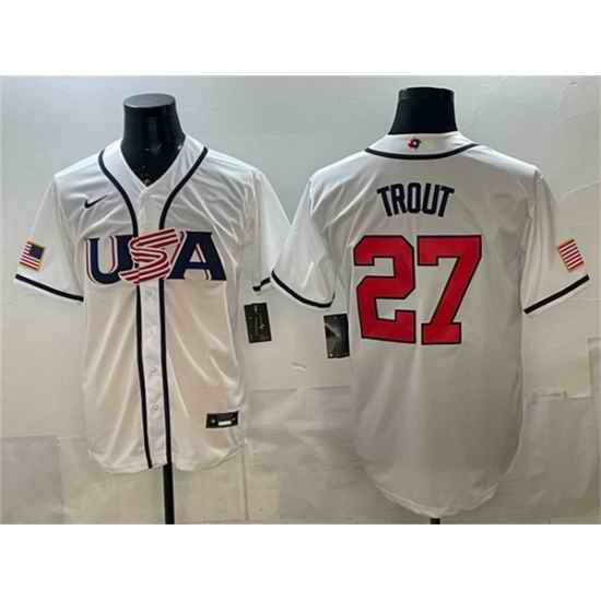 Men USA Baseball  27 Mike Trout White 2026 World Baseball Classic Home Stadium Stitched Jersey