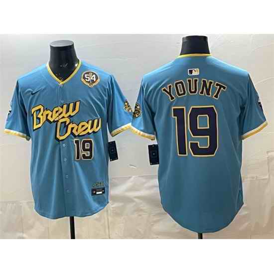 Men Milwaukee Brewers  19 Robin Yount Powder Blue City Connect With Home   Bob Uecker Patch Limited Stitched Baseball Jersey