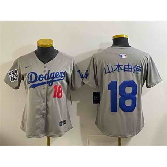Youth Los Angeles Dodgers 18  Yoshinobu Yamamoto Grey 2025 World Series Champions Patch Limited Stitched Baseball Jersey