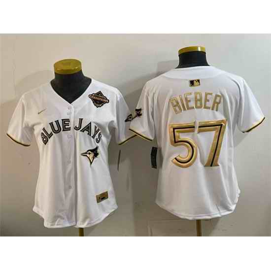 Women Toronto Blue Jays 57 Shane Bieber White Gold 2025 American League Champions Limited Stitched Baseball Jersey