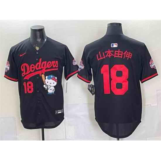 Men Los Angeles Dodgers  18 Yoshinobu Yamamoto Black Hello Kitty Night 2025 World Series Champions Patch Stitched Baseball Jersey