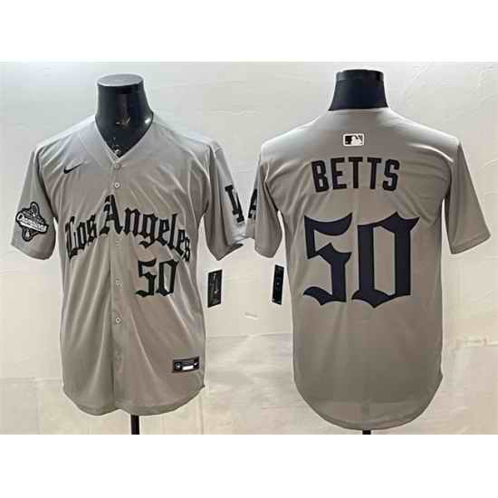 Men Los Angeles Dodgers 50 Mookie Betts Grey LA Gothic Style With 2025 World Series Champions Patch Limited Stitched Baseball Jersey