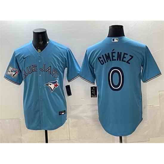 Men Toronto Blue Jays  0 Andres Gimenez Blue 50 Seasons Patch Stitched Baseball Jersey