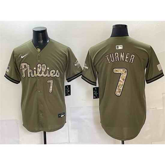 Men Philadelphia Phillies  7 Trea Turner Olive 2026 Armed Forces Day Stitched Baseball Jersey