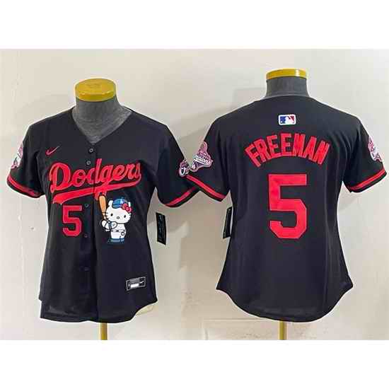 Women Los Angeles Dodgers  5 Freddie Freeman Black Hello Kitty Night 2025 World Series Champions Patch Stitched Baseball Jersey