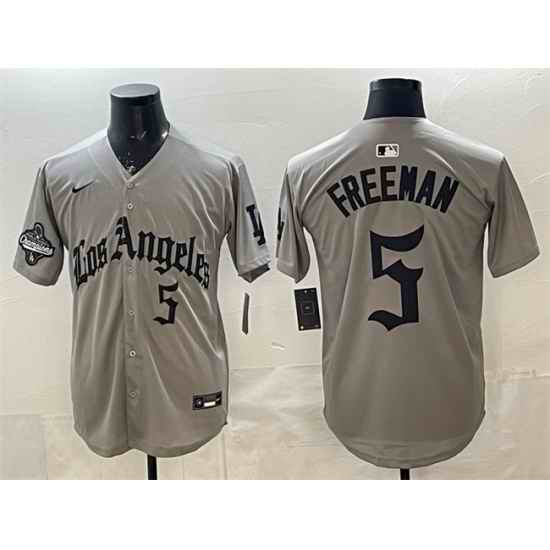 Men Los Angeles Dodgers 5 Freddie Freeman Grey LA Gothic Style With 2025 World Series Champions Patch Limited Stitched Baseball Jersey