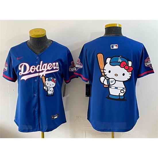 Women Los Angeles Dodgers Team Big Logo Royal Hello Kitty Night 2025 World Series Champions Patch Stitched Baseball Jersey