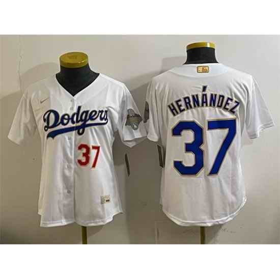 Women Los Angeles Dodgers  37 Teoscar Hernandez White 2026 Gold Collection Stadium Stitched Baseball Jersey Run Small