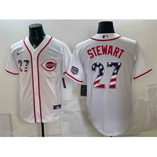 Men Cincinnati Reds  27 Sal Stewart White 2026 USA 250 Fourth of July Home Stitched Baseball Jersey