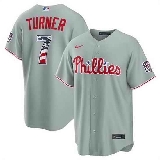 Men Philadelphia Phillies  7 Trea Turner Grey USA 250 Fourth of July Home Stitched Baseball Jersey