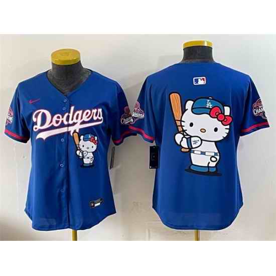 Women Los Angeles Dodgers Team Big Logo Royal Hello Kitty Night 2025 World Series Champions Patch Stitched Baseball Jersey