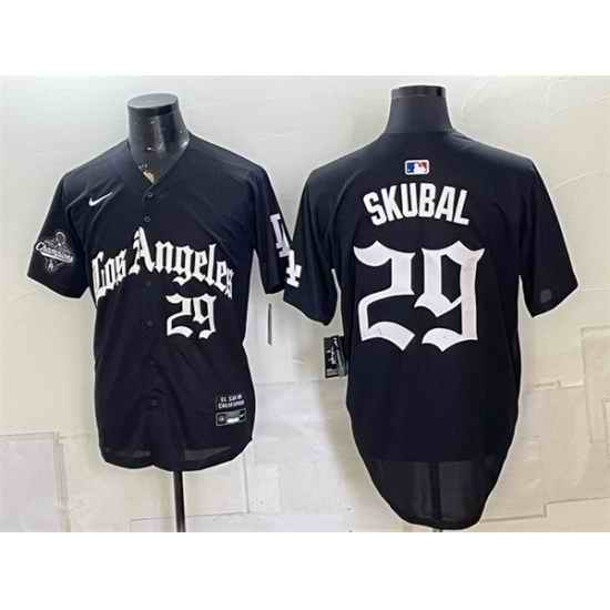 Men Los Angeles Dodgers  29 Tarik Skubal Black LA Gothic Style 2025 World Series Champions Patch Limited Stitched Baseball Jersey