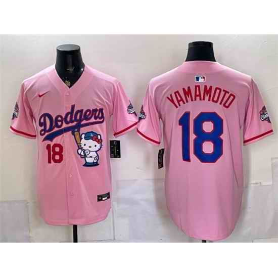 Men Los Angeles Dodgers  18 Yoshinobu Yamamoto Pink Hello Kitty Night 2025 World Series Champions Patch Stitched Baseball Jersey