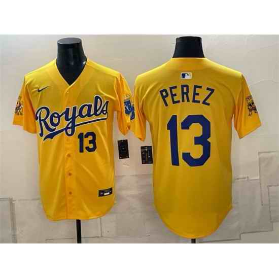Men Kansas City Royals  13 Salvador Perez Gold Sluggerrr Patch Vapor Limited Stitched Baseball Jersey