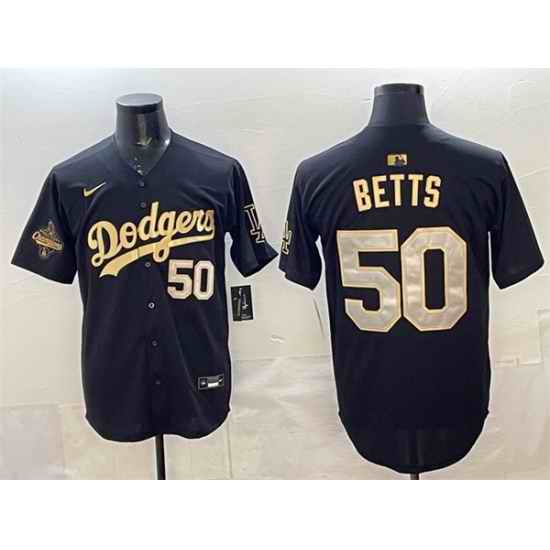 Men Los Angeles Dodgers 50 Mookie Betts Black Gold 2025 World Series Champions Patch Limited Stitched Baseball Jersey
