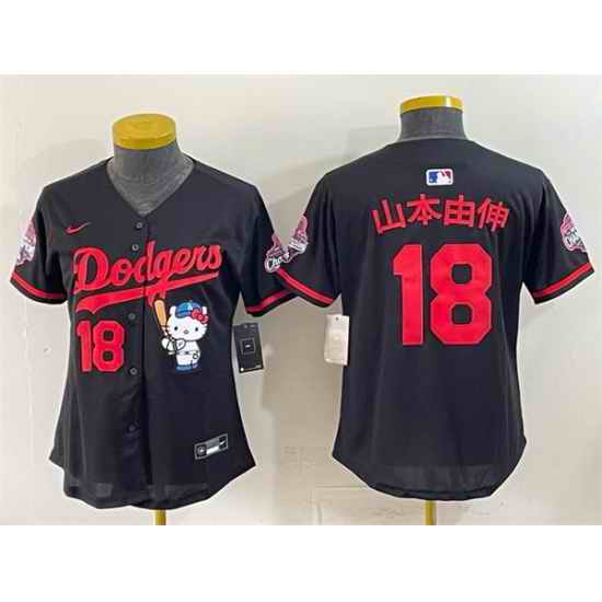 Women Los Angeles Dodgers  18 Yoshinobu Yamamoto Black Hello Kitty Night 2025 World Series Champions Patch Stitched Baseball Jersey