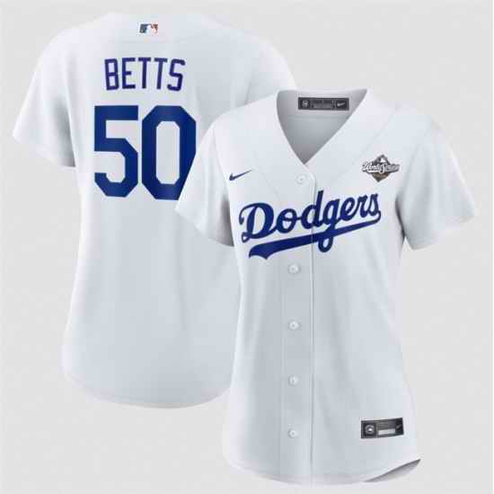 Women Los Angeles Dodgers 50 Mookie Betts White 2025 World Series Home Cool Base Stitched Baseball Jersey