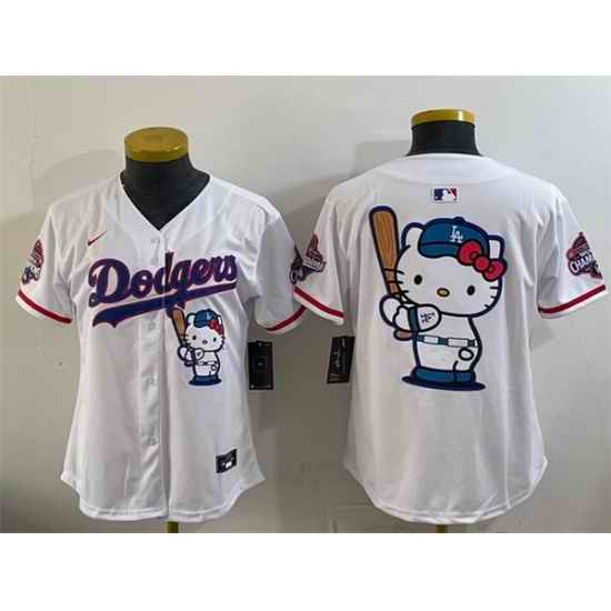 Women Los Angeles Dodgers Team Big Logo White Hello Kitty Night 2025 World Series Champions Patch Stitched Baseball Jersey