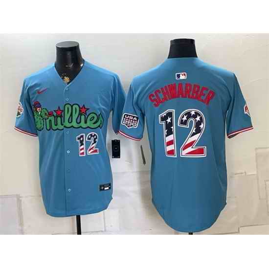 Men Philadelphia Phillies  12 Kyle Schwarber Blue Phanatic USA 250 Fourth of July Stitched Baseball Jersey