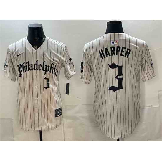 Men Philadelphia Phillies  3 Bryce Harper Cream Pinstripe Gothic Vapor Limited Stitched Jersey