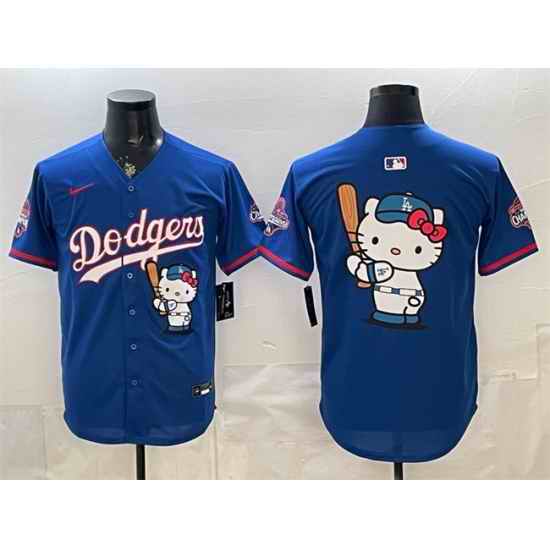 Men Los Angeles Dodgers Team Big Logo Royal Hello Kitty Night 2025 World Series Champions Patch Stitched Baseball Jersey