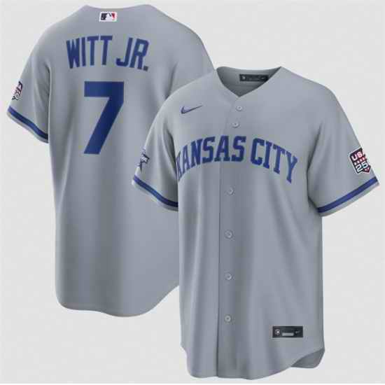Men Kansas City Royals  7 Bobby Witt Jr  Gray 2026 All Star Game   USA 250 Patch Stitched Baseball Jersey