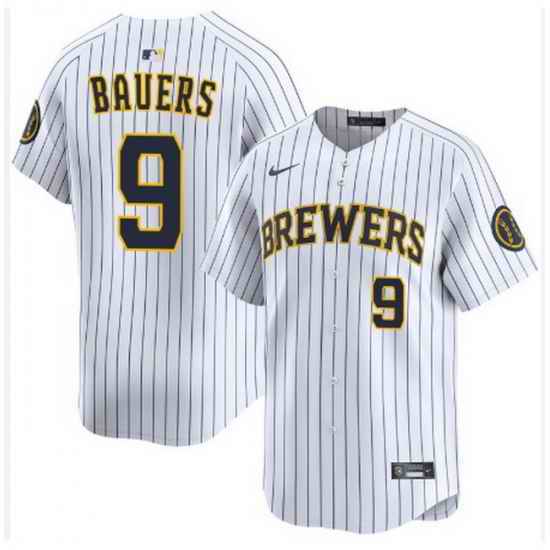 Men Milwaukee Brewers Jake Bauers #9 Home White Strips Stitched Limited Jersey