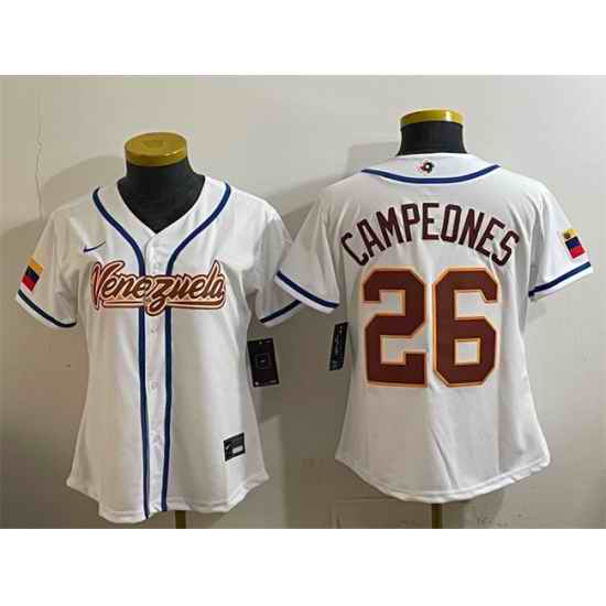 Women Venezuela Baseball  26 Campeones White 2026 World Baseball Classic Home Stadium Stitched Baseball Jersey Run Small