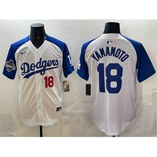 Men Los Angeles Dodgers 18 Yoshinobu Yamamoto White Royal 2025 World Series Champions Patch Limited Stitched Baseball Jersey