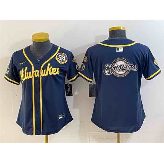 Youth Milwaukee Brewers Team Big Logo Navy With Home  Bob Uecker Patch Limited Stitched Jersey