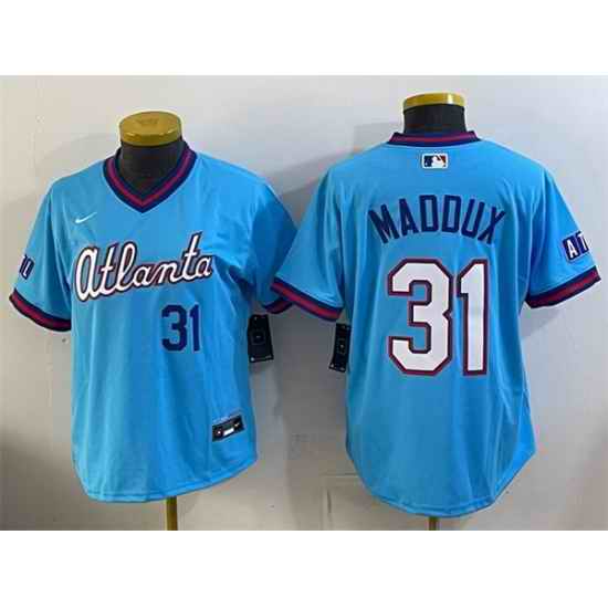 Youth Atlanta Braves  31 Greg Maddux Powder Blue 2026 City Connect Stadium Stitched Baseball Jersey