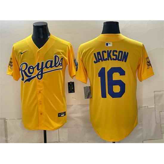 Men Kansas City Royals  16 Bo Jackson Gold Sluggerrr Patch Vapor Limited Stitched Baseball Jersey