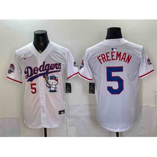 Men Los Angeles Dodgers  5 Freddie Freeman White Hello Kitty Night 2025 World Series Champions Patch Stitched Baseball Jersey