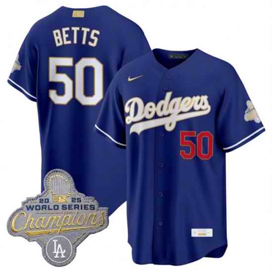 Men Los Angeles Dodgers  50 Mookie Betts Royal 2026 Alternate Gold Collection Stadium Stitched Baseball Jersey