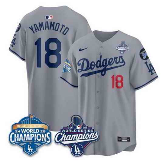 Men Los Angeles Dodgers 18 Yoshinobu Yamamoto Grey 2025 World Series Champions  26 Back to Back Champions With No 34 Patch Limited Stitched Baseball Jersey