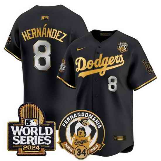 Men Los Angeles Dodgers  8 Enrique Hernandez Black Gold Fernando Valenzuela   2024 World Series Patch Limited Stitched Baseball Jersey