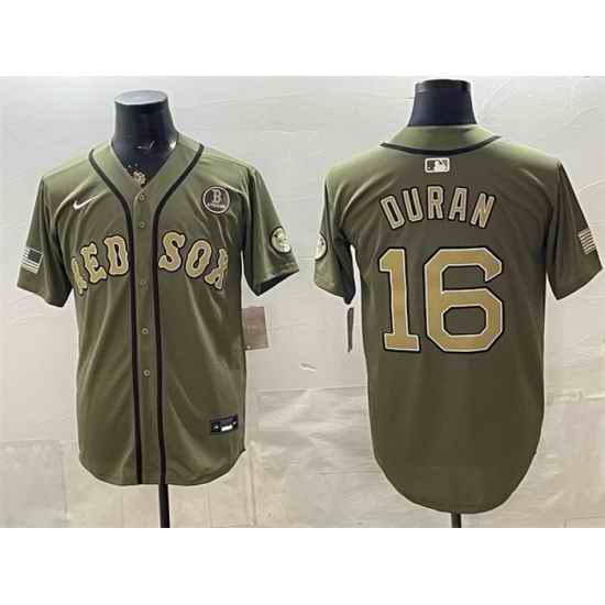 Men Boston Red Sox  16 Jarren Duran Olive Armed Forces Day Cool Base Stitched Baseball Jersey