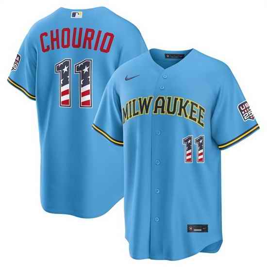 Men Milwaukee Brewers  11 Jackson Chourio Blue 2026 USA 250 Fourth of July Home Stadium Stitched Baseball Jersey