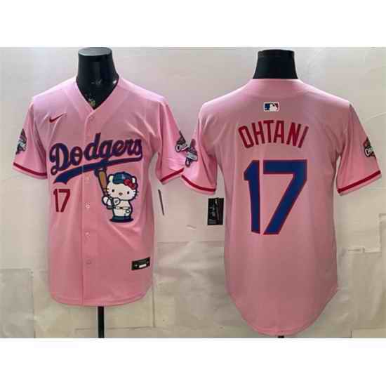 Men Los Angeles Dodgers  17 Shohei Ohtani Pink Hello Kitty Night 2025 World Series Champions Patch Stitched Baseball Jersey