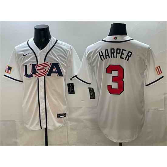 Men USA Baseball  3 Bryce Harper White 2026 World Baseball Classic Home Stadium Stitched Jersey