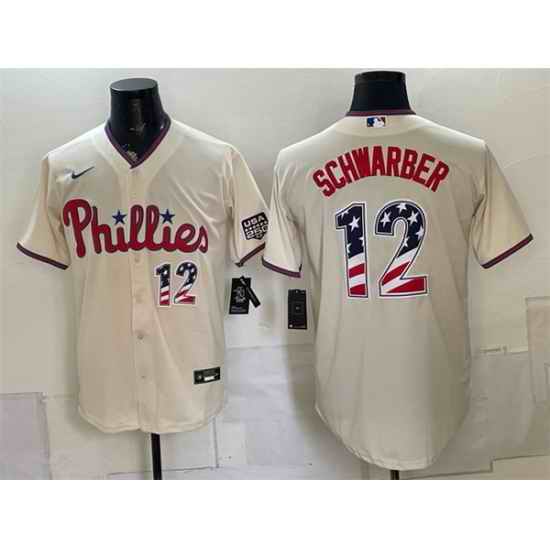 Men Philadelphia Phillies  12 Kyle Schwarber Cream USA 250 Fourth of July Home Stitched Baseball Jersey