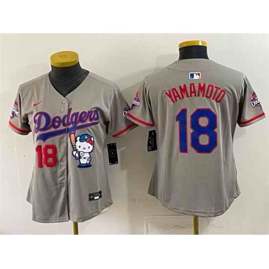 Women Los Angeles Dodgers  18 Yoshinobu Yamamoto Grey Hello Kitty Night 2025 World Series Champions Patch Stitched Baseball Jersey