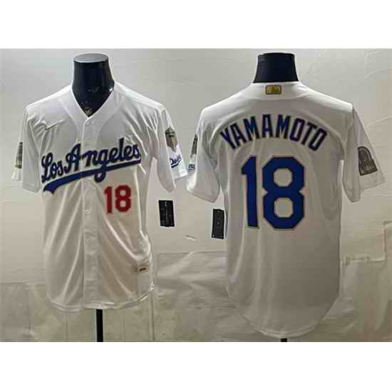 Men Los Angeles Dodgers  18 Yoshinobu Yamamoto White 2026 Gold Collection 9x   B2B Champs Patch Stitched Baseball Jersey