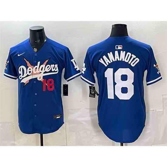 Men Los Angeles Dodgers x One Piece  18 Yoshinobu Yamamoto Royal Vapor Premier Limited Stitched Baseball Jersey