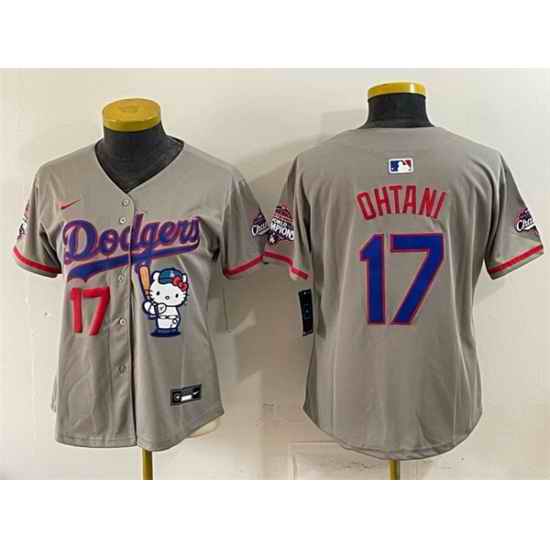 Women Los Angeles Dodgers  17 Shohei Ohtani Grey Hello Kitty Night 2025 World Series Champions Patch Stitched Baseball Jersey