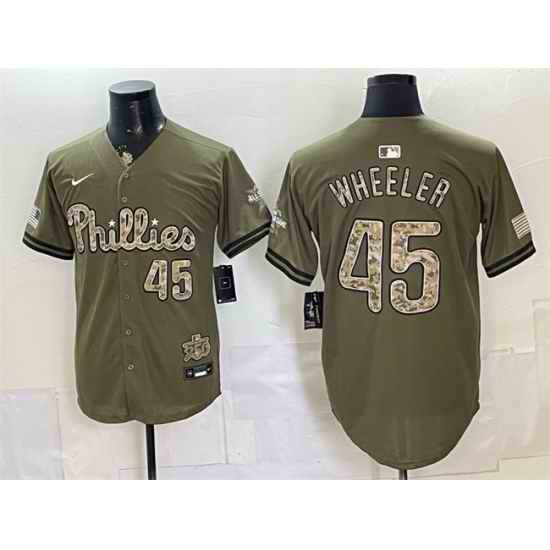 Men Philadelphia Phillies  45 Zack Wheeler Olive 2026 Armed Forces Day Stitched Baseball Jersey